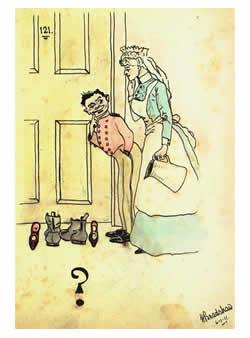 Cartoon butler and maid outside a bedroom door 1911